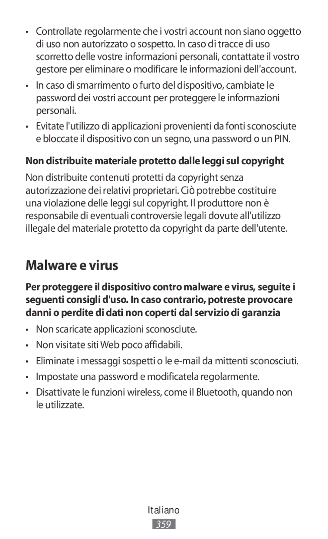 Samsung SM-R770NZSADBT, SM-R760NDAADBT manual Malware e virus, Non distribuite materiale protetto dalle leggi sul copyright 