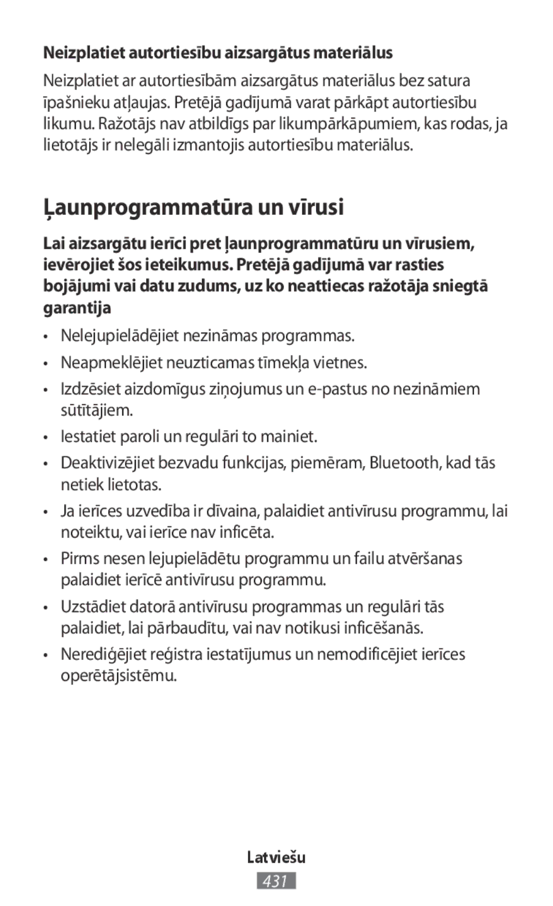 Samsung SM-R770NZSAKSA, SM-R770NZSADBT manual Ļaunprogrammatūra un vīrusi, Neizplatiet autortiesību aizsargātus materiālus 