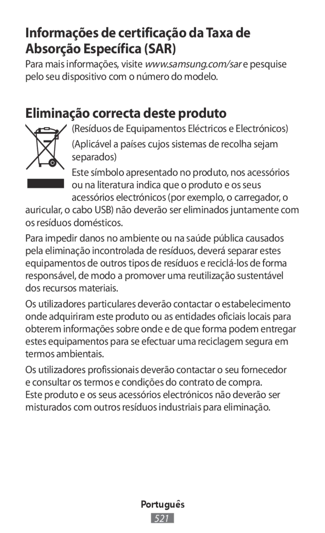 Samsung SM-R770NZSAKSA, SM-R770NZSADBT, SM-R760NDAADBT, SM-R770NZSAXEF, SM-R760NDAAXEF manual Eliminação correcta deste produto 