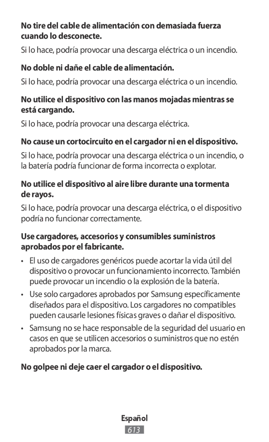 Samsung SM-R760NDAABGL No doble ni dañe el cable de alimentación, No golpee ni deje caer el cargador o el dispositivo 