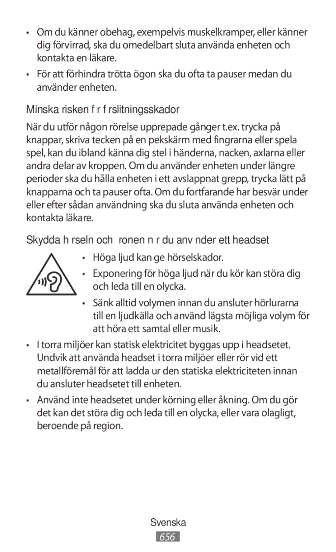 Samsung SM-R770NZSAXEH manual Minska risken för förslitningsskador, Skydda hörseln och öronen när du använder ett headset 