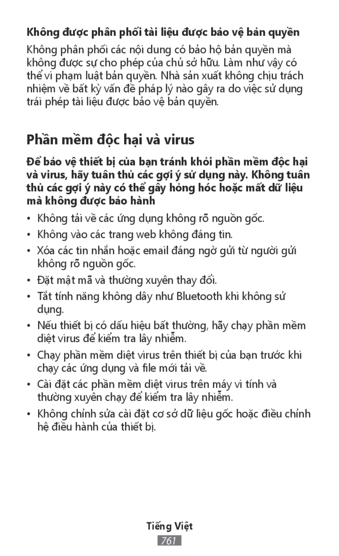 Samsung SM-R770NZSAKSA, SM-R770NZSADBT manual Phần mềm độc hại và virus, Không được phân phối tài liệu được bảo vệ bản quyền 