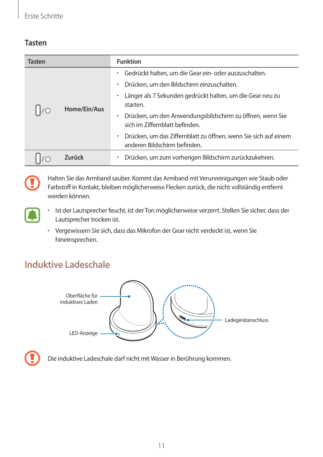 Samsung SM-R760NDAADBT, SM-R770NZSADBT manual Induktive Ladeschale, TastenFunktion, Home/Ein/Aus, Zurück 