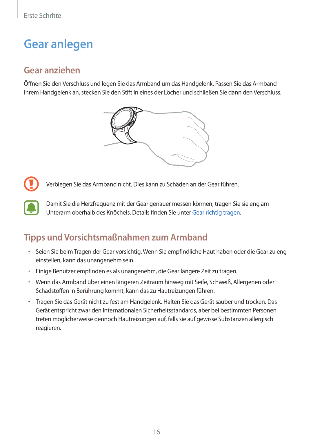 Samsung SM-R770NZSADBT, SM-R760NDAADBT manual Gear anlegen, Gear anziehen, Tipps und Vorsichtsmaßnahmen zum Armband 