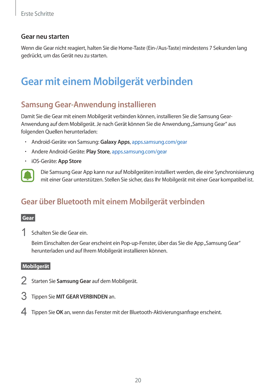 Samsung SM-R770NZSADBT manual Gear mit einem Mobilgerät verbinden, Samsung Gear-Anwendung installieren, Gear neu starten 