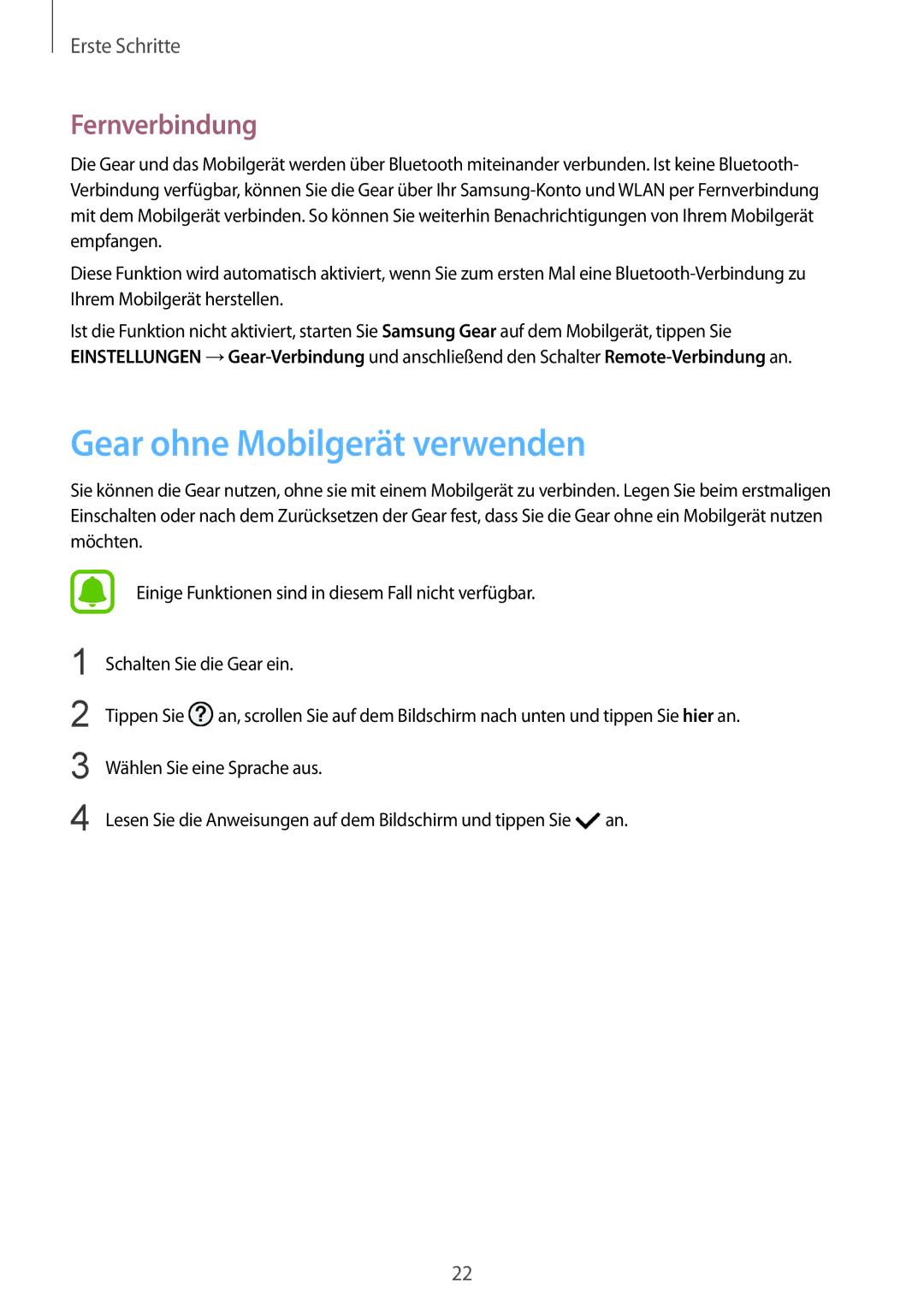 Samsung SM-R770NZSADBT, SM-R760NDAADBT manual Gear ohne Mobilgerät verwenden, Fernverbindung 