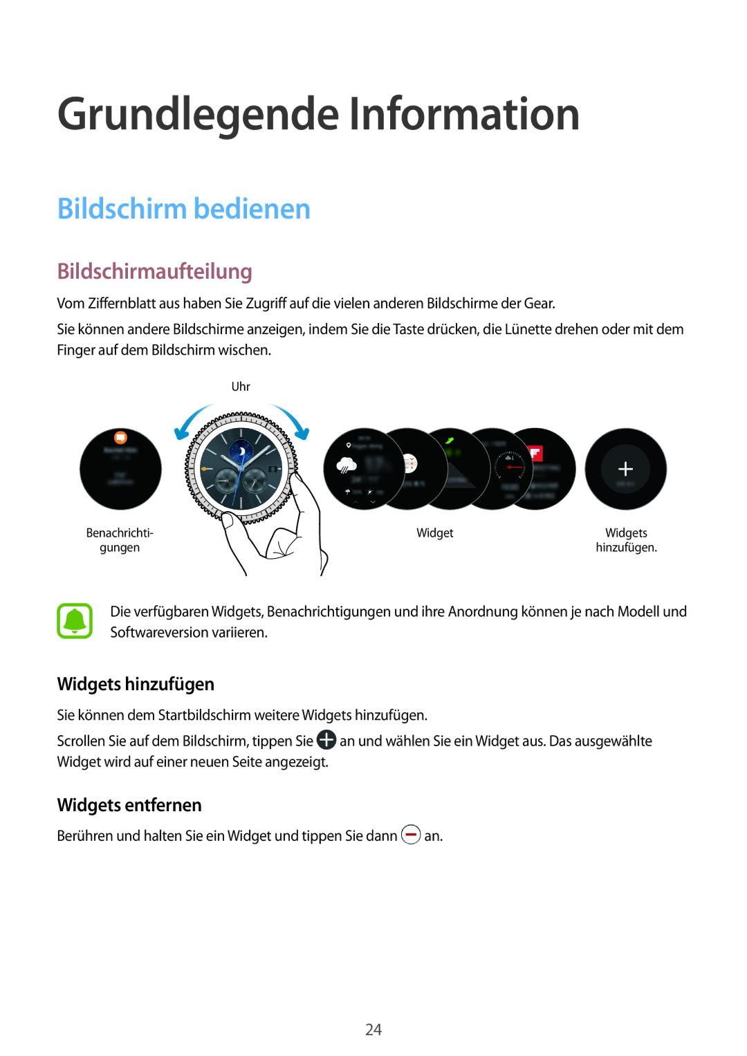 Samsung SM-R770NZSADBT, SM-R760NDAADBT Bildschirm bedienen, Bildschirmaufteilung, Widgets hinzufügen, Widgets entfernen 