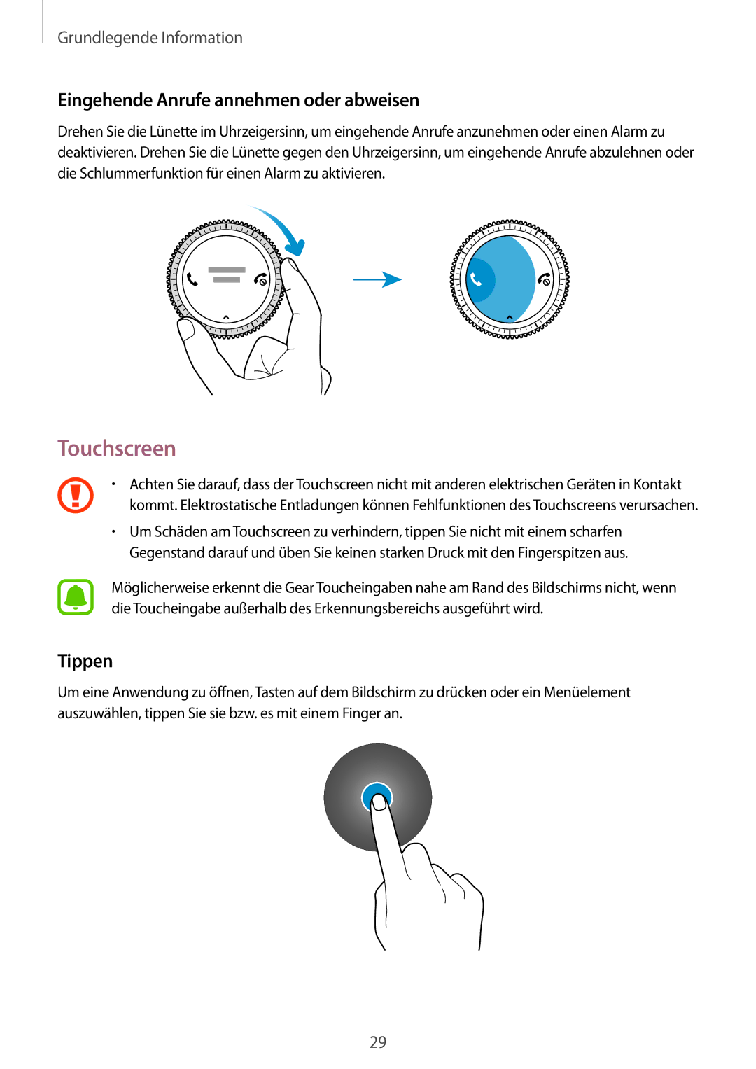 Samsung SM-R760NDAADBT, SM-R770NZSADBT manual Touchscreen, Eingehende Anrufe annehmen oder abweisen, Tippen 