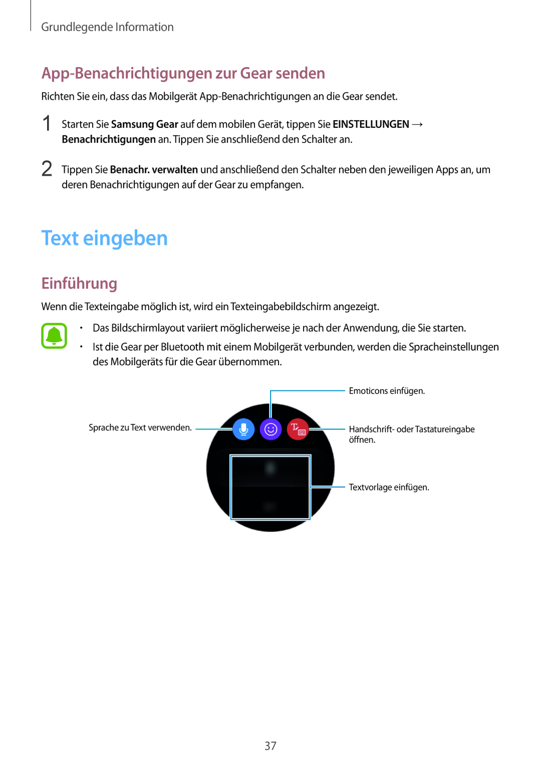 Samsung SM-R760NDAADBT, SM-R770NZSADBT manual Text eingeben, App-Benachrichtigungen zur Gear senden, Einführung 