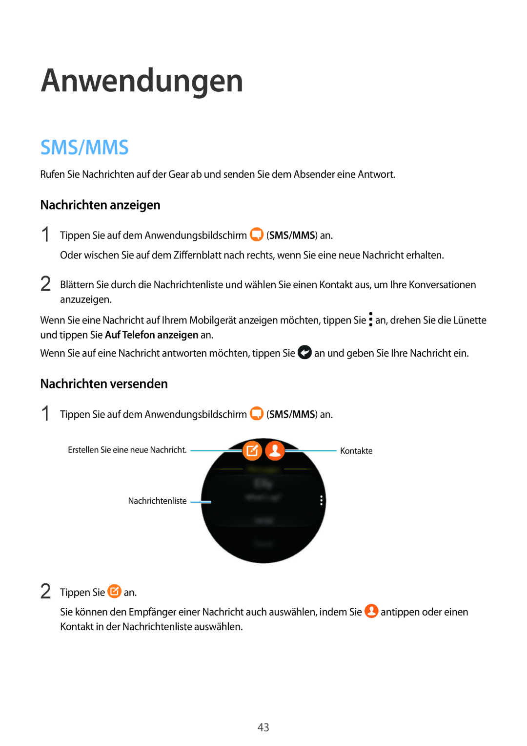 Samsung SM-R760NDAADBT, SM-R770NZSADBT manual Nachrichten anzeigen, Nachrichten versenden, SMS/MMS an 