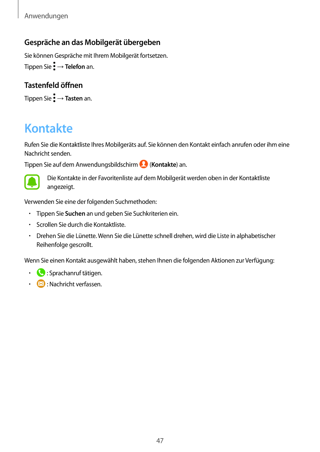 Samsung SM-R760NDAADBT, SM-R770NZSADBT manual Kontakte, Gespräche an das Mobilgerät übergeben, Tastenfeld öffnen 