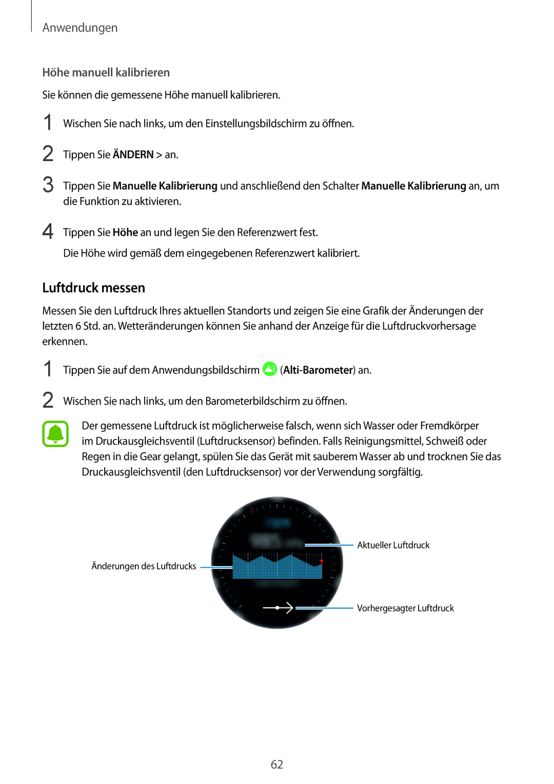 Samsung SM-R770NZSADBT, SM-R760NDAADBT manual Luftdruck messen, Höhe manuell kalibrieren 