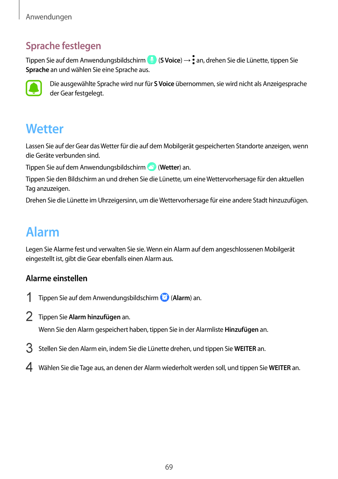 Samsung SM-R760NDAADBT, SM-R770NZSADBT Wetter, Sprache festlegen, Alarme einstellen, Tippen Sie Alarm hinzufügen an 