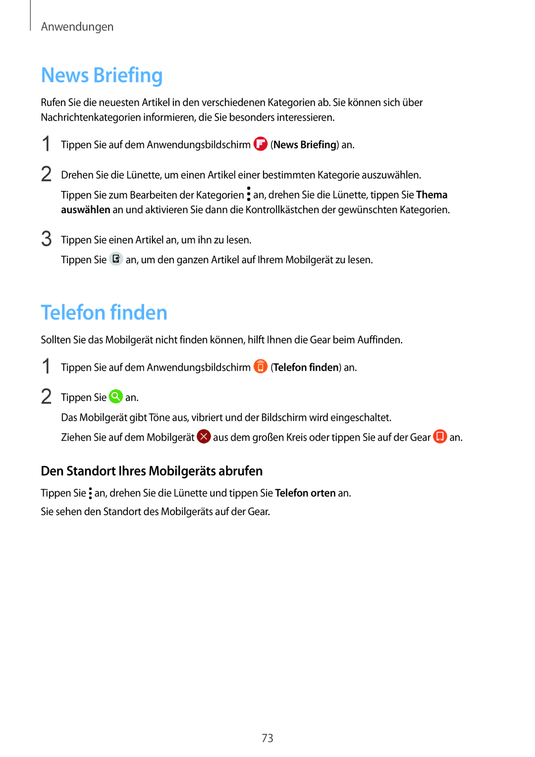 Samsung SM-R760NDAADBT, SM-R770NZSADBT manual News Briefing, Telefon finden, Den Standort Ihres Mobilgeräts abrufen 