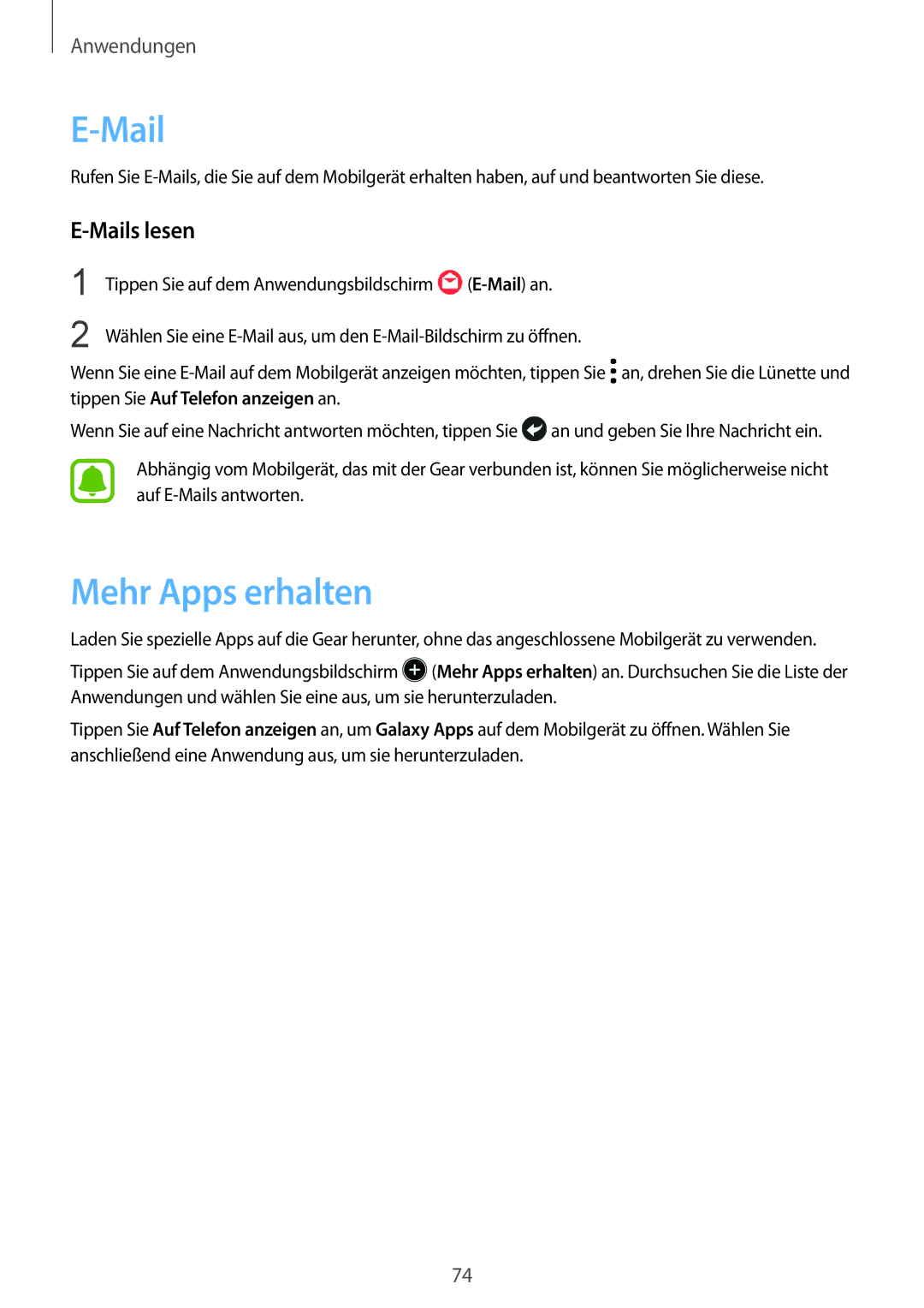 Samsung SM-R770NZSADBT, SM-R760NDAADBT manual Mehr Apps erhalten, Mails lesen 