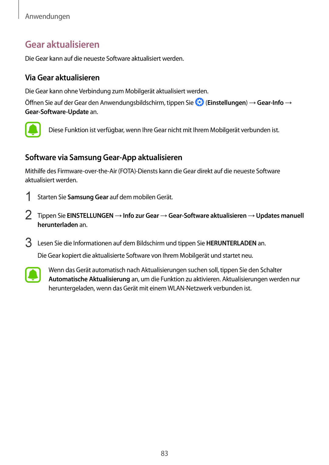 Samsung SM-R760NDAADBT, SM-R770NZSADBT manual Via Gear aktualisieren, Software via Samsung Gear-App aktualisieren 