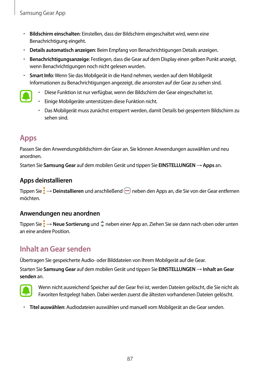 Samsung SM-R760NDAADBT, SM-R770NZSADBT manual Inhalt an Gear senden, Apps deinstallieren, Anwendungen neu anordnen 