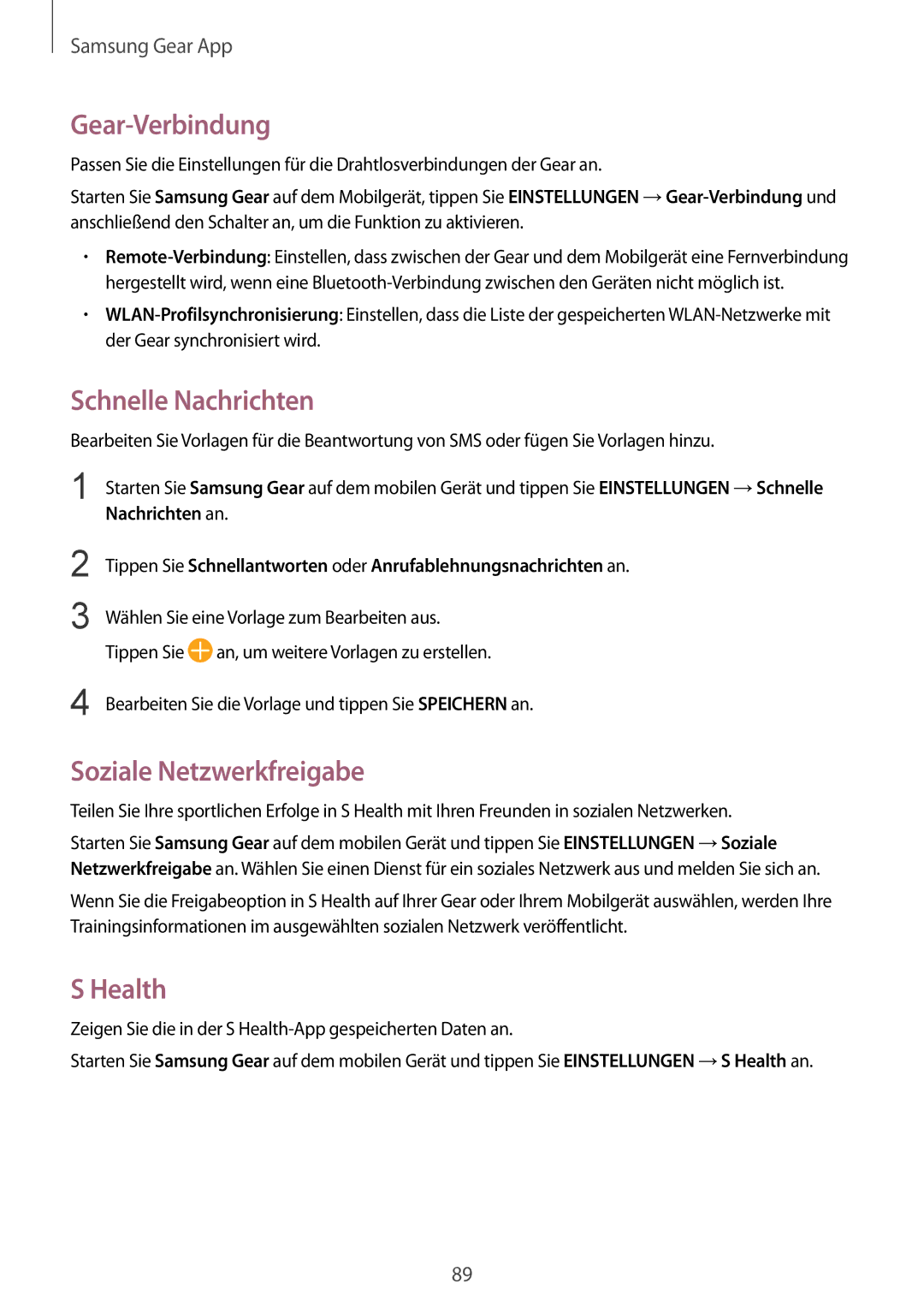 Samsung SM-R760NDAADBT, SM-R770NZSADBT manual Gear-Verbindung, Schnelle Nachrichten, Soziale Netzwerkfreigabe, Health 