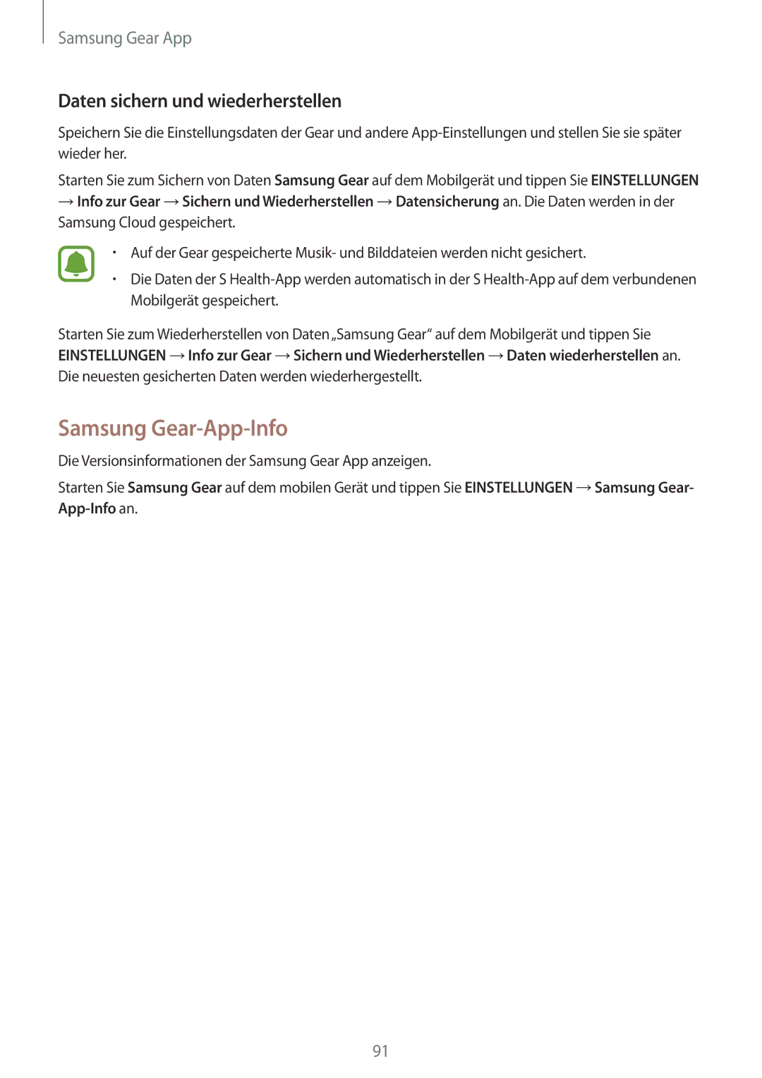 Samsung SM-R760NDAADBT, SM-R770NZSADBT manual Samsung Gear-App-Info, Daten sichern und wiederherstellen 