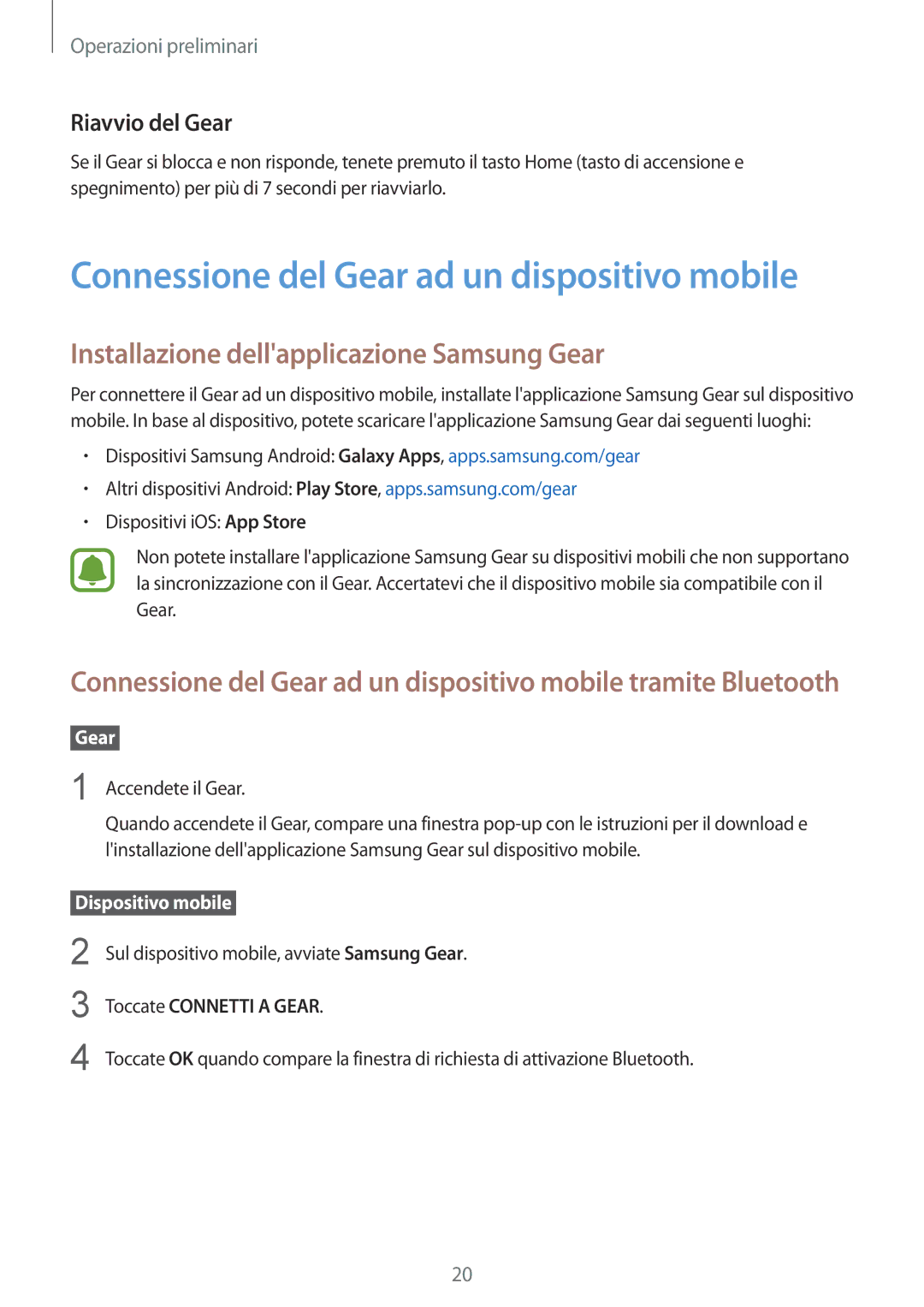 Samsung SM-R770NZSAITV manual Installazione dellapplicazione Samsung Gear, Riavvio del Gear, Toccate Connetti a Gear 