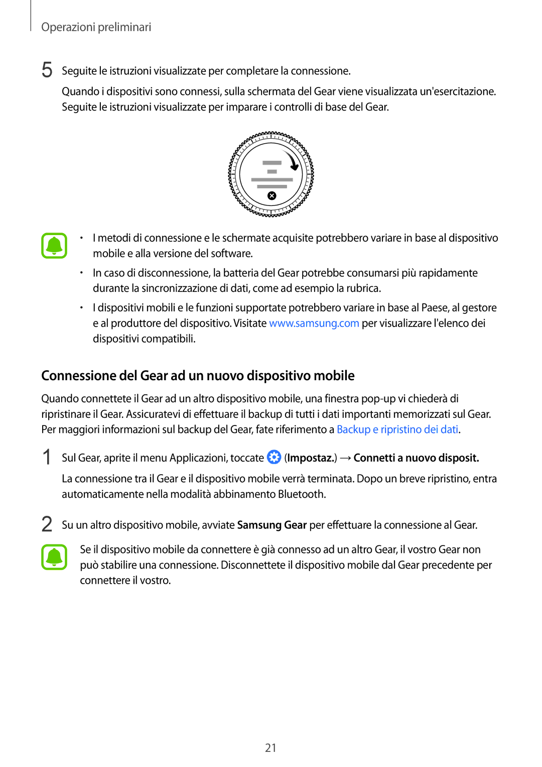 Samsung SM-R760NDAAITV, SM-R770NZSAITV manual Connessione del Gear ad un nuovo dispositivo mobile 