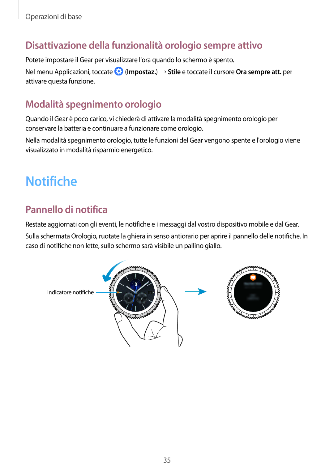 Samsung SM-R760NDAAITV Notifiche, Disattivazione della funzionalità orologio sempre attivo, Modalità spegnimento orologio 