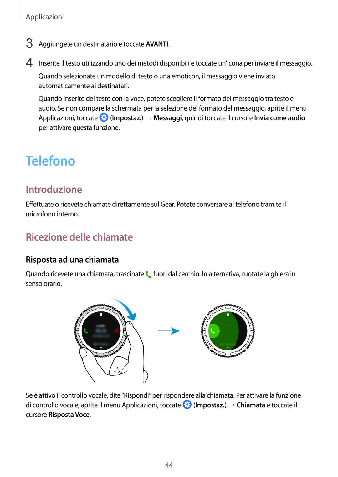 Samsung SM-R770NZSAITV, SM-R760NDAAITV manual Telefono, Ricezione delle chiamate, Risposta ad una chiamata 