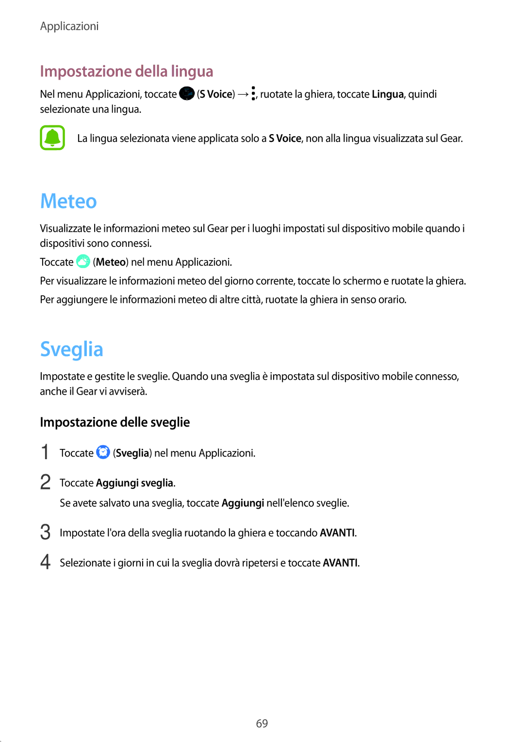 Samsung SM-R760NDAAITV Meteo, Sveglia, Impostazione della lingua, Impostazione delle sveglie, Toccate Aggiungi sveglia 