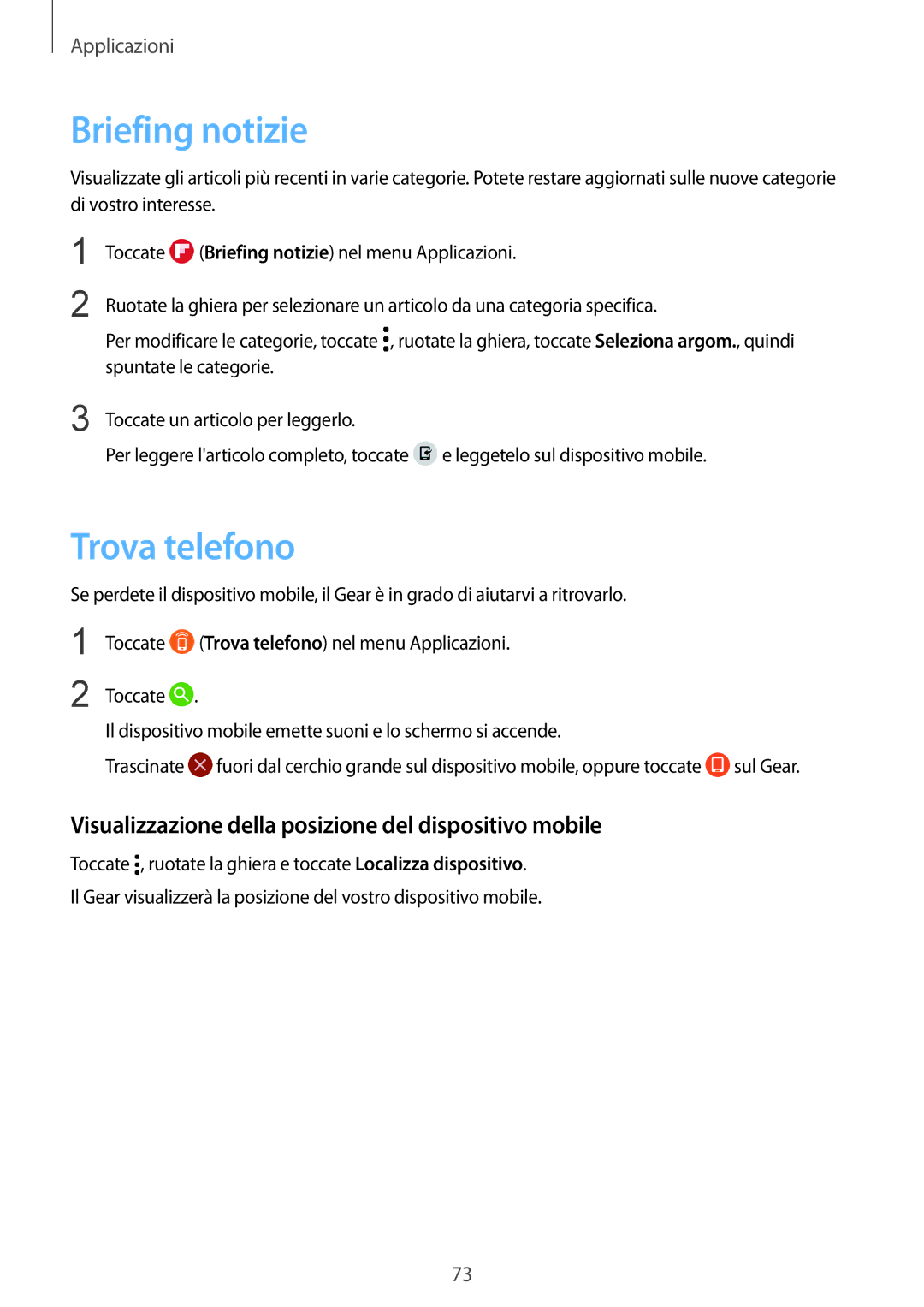 Samsung SM-R760NDAAITV manual Briefing notizie, Trova telefono, Visualizzazione della posizione del dispositivo mobile 