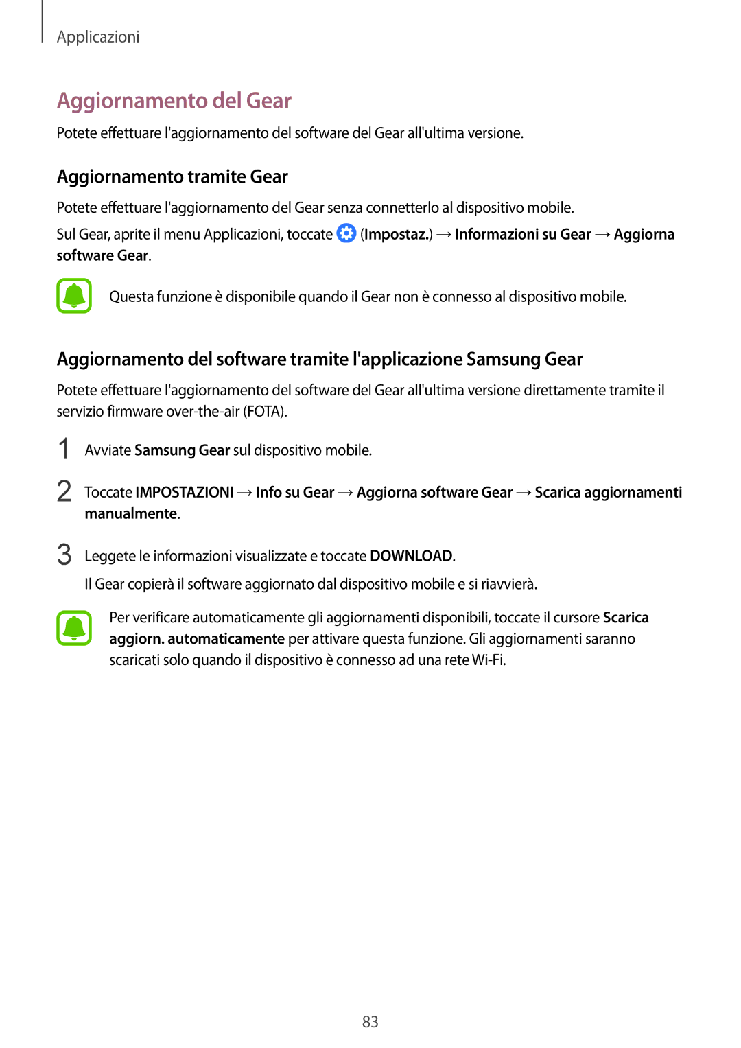 Samsung SM-R760NDAAITV, SM-R770NZSAITV manual Aggiornamento del Gear, Aggiornamento tramite Gear, Manualmente 