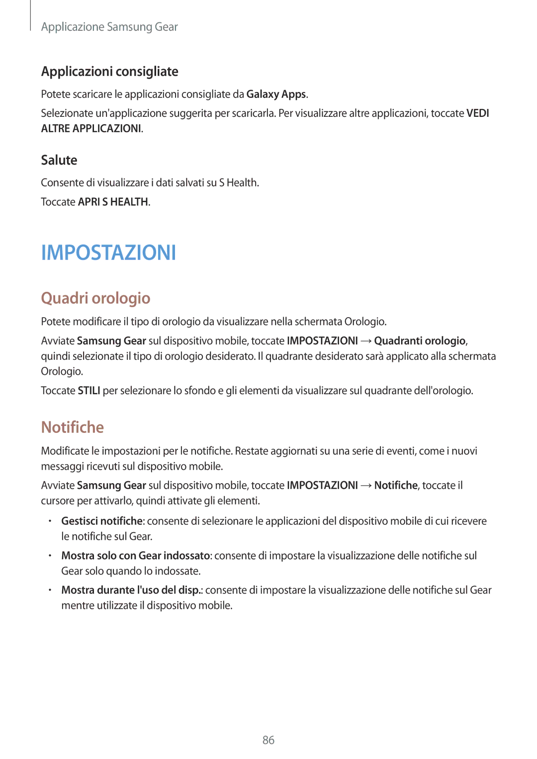 Samsung SM-R770NZSAITV, SM-R760NDAAITV Quadri orologio, Notifiche, Applicazioni consigliate, Salute, Toccate Apri S Health 