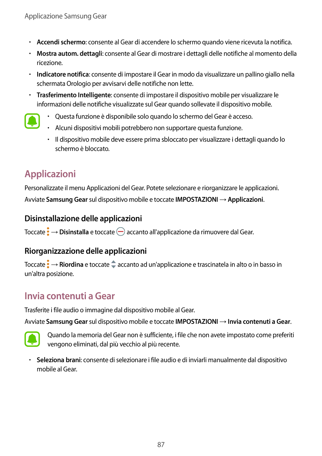 Samsung SM-R760NDAAITV, SM-R770NZSAITV manual Applicazioni, Invia contenuti a Gear, Disinstallazione delle applicazioni 