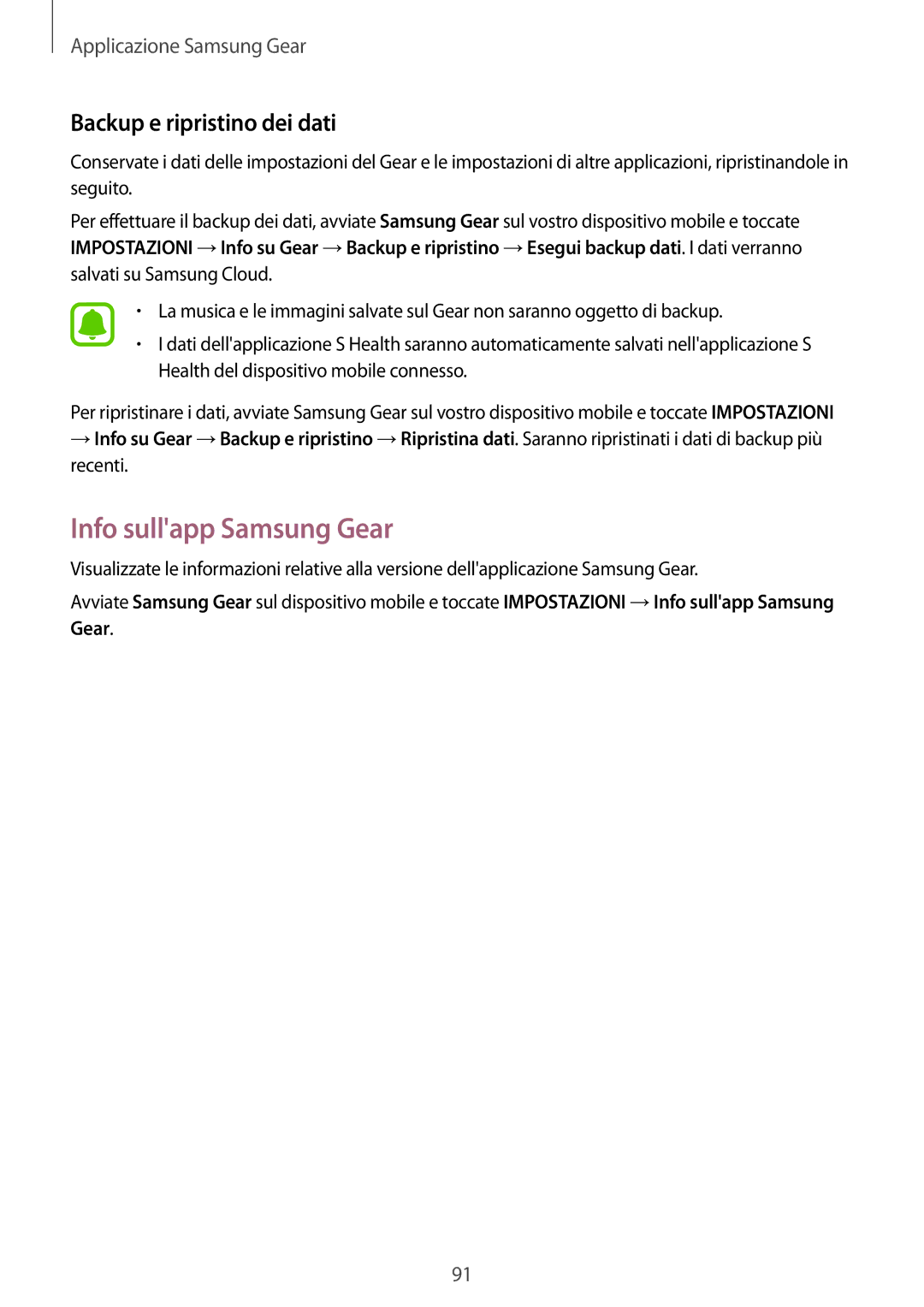 Samsung SM-R760NDAAITV, SM-R770NZSAITV manual Info sullapp Samsung Gear, Backup e ripristino dei dati 