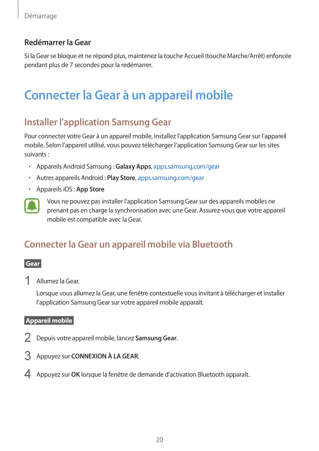 Samsung SM-R770NZSAXEF Connecter la Gear à un appareil mobile, Installer l’application Samsung Gear, Redémarrer la Gear 