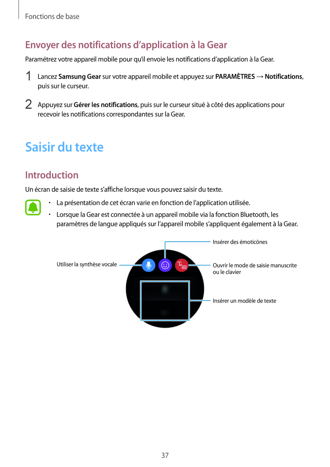 Samsung SM-R760NDAAXEF, SM-R770NZSAXEF Saisir du texte, Envoyer des notifications d’application à la Gear, Introduction 