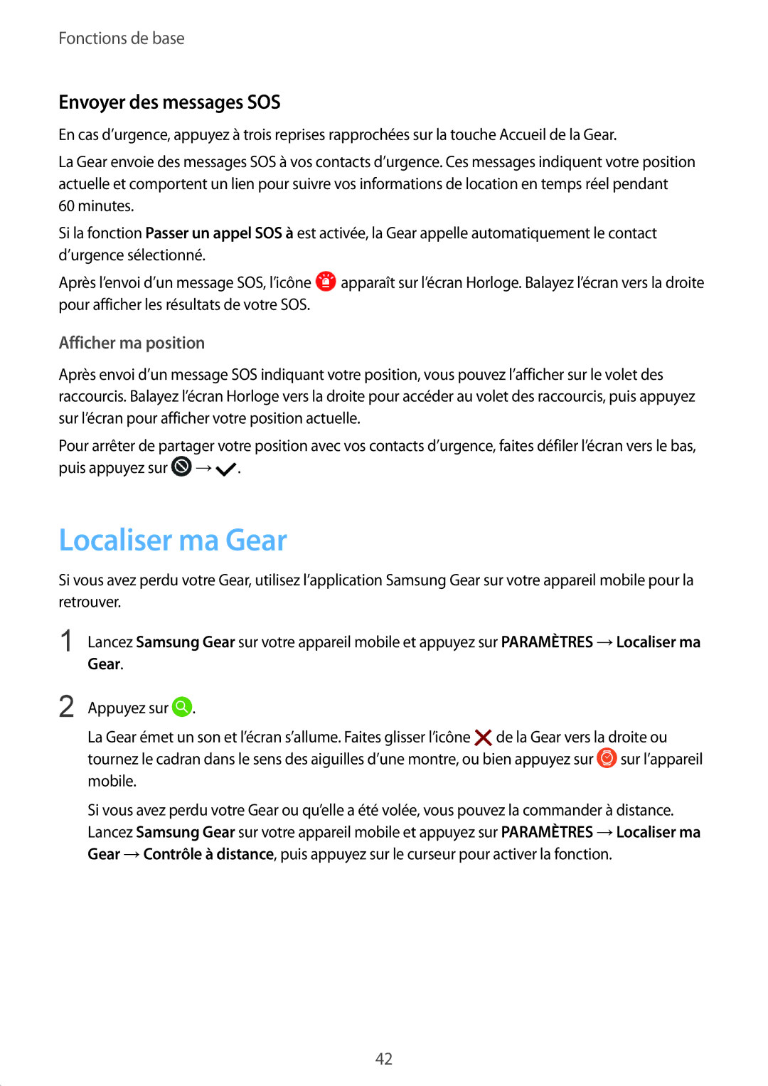 Samsung SM-R770NZSAXEF, SM-R760NDAAXEF manual Localiser ma Gear, Envoyer des messages SOS 