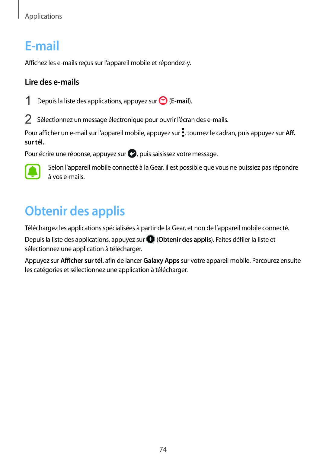 Samsung SM-R770NZSAXEF, SM-R760NDAAXEF manual Mail, Obtenir des applis, Lire des e-mails 