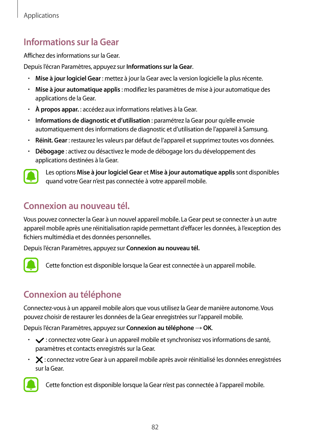 Samsung SM-R770NZSAXEF, SM-R760NDAAXEF manual Informations sur la Gear, Connexion au nouveau tél, Connexion au téléphone 