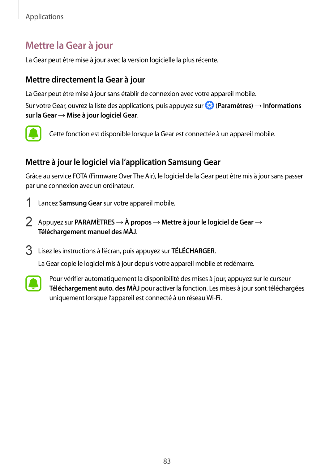 Samsung SM-R760NDAAXEF, SM-R770NZSAXEF manual Mettre la Gear à jour, Mettre directement la Gear à jour 