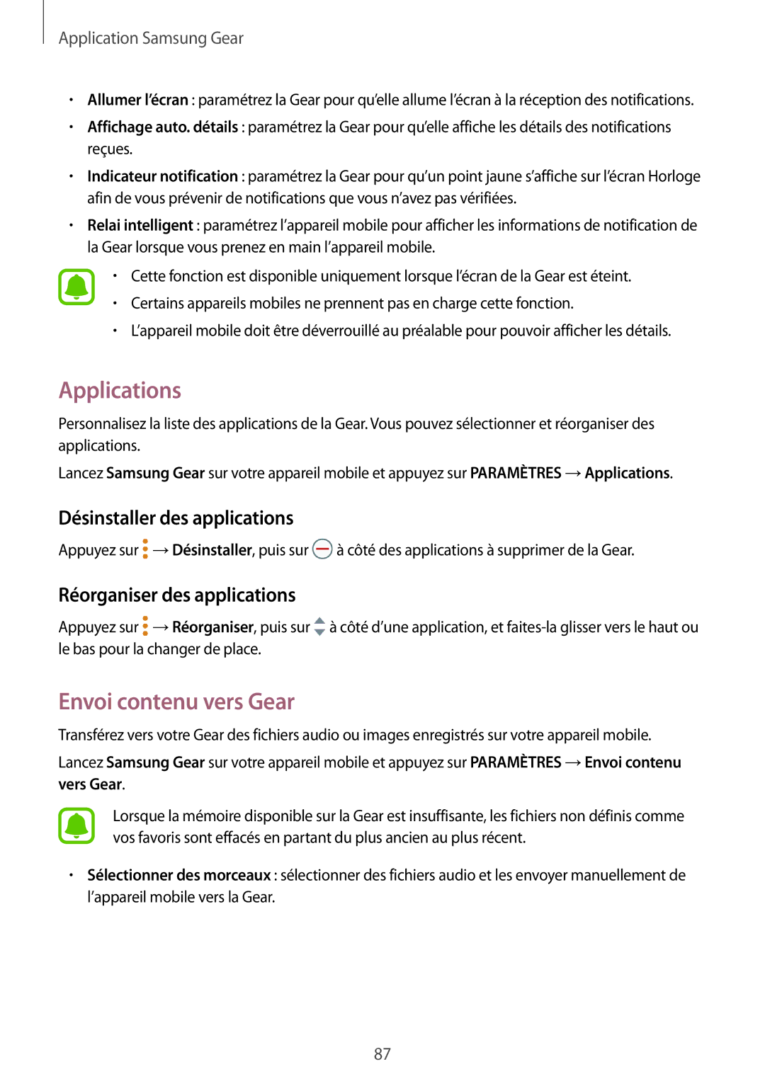 Samsung SM-R760NDAAXEF Applications, Envoi contenu vers Gear, Désinstaller des applications, Réorganiser des applications 