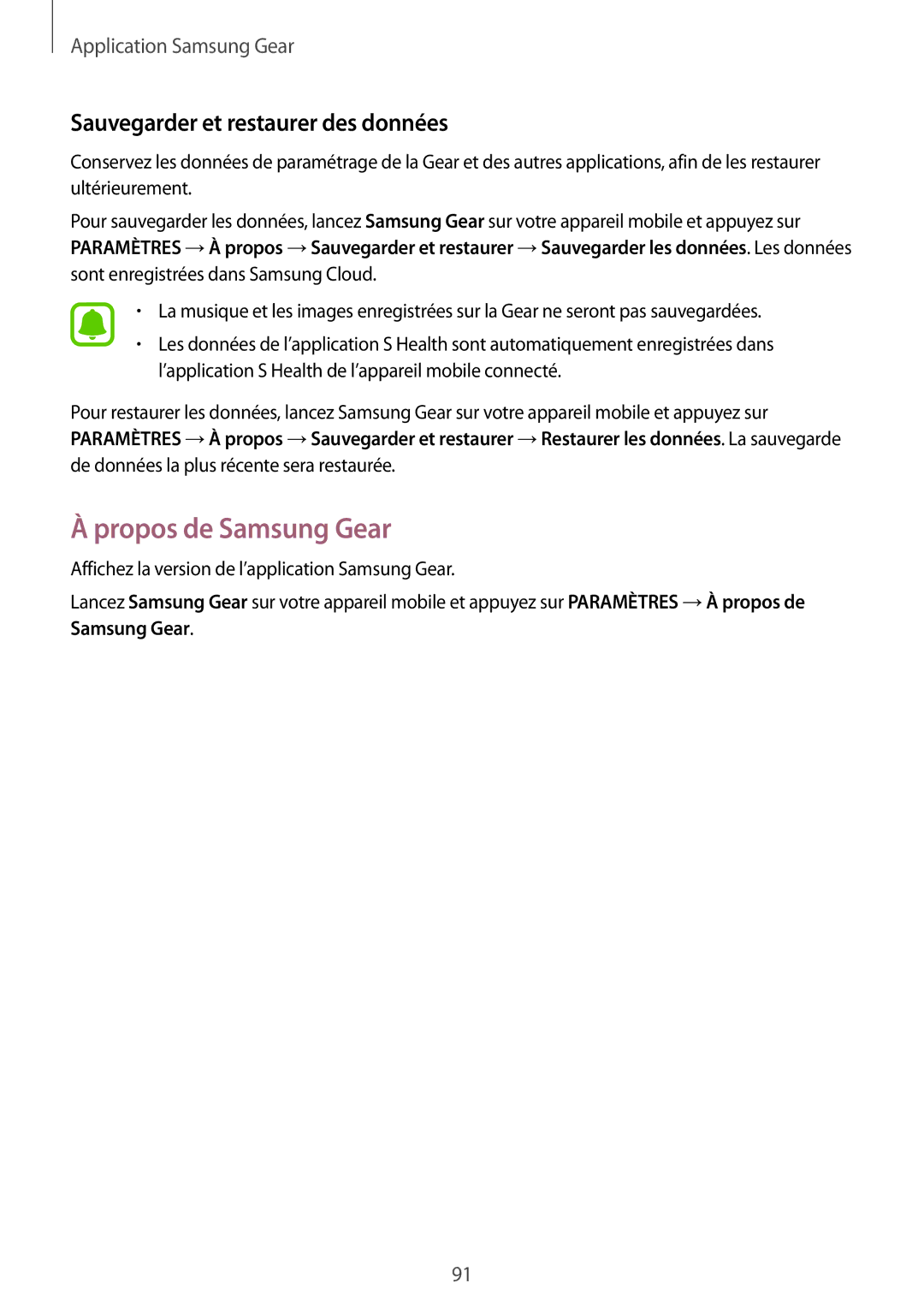 Samsung SM-R760NDAAXEF, SM-R770NZSAXEF manual Propos de Samsung Gear, Sauvegarder et restaurer des données 