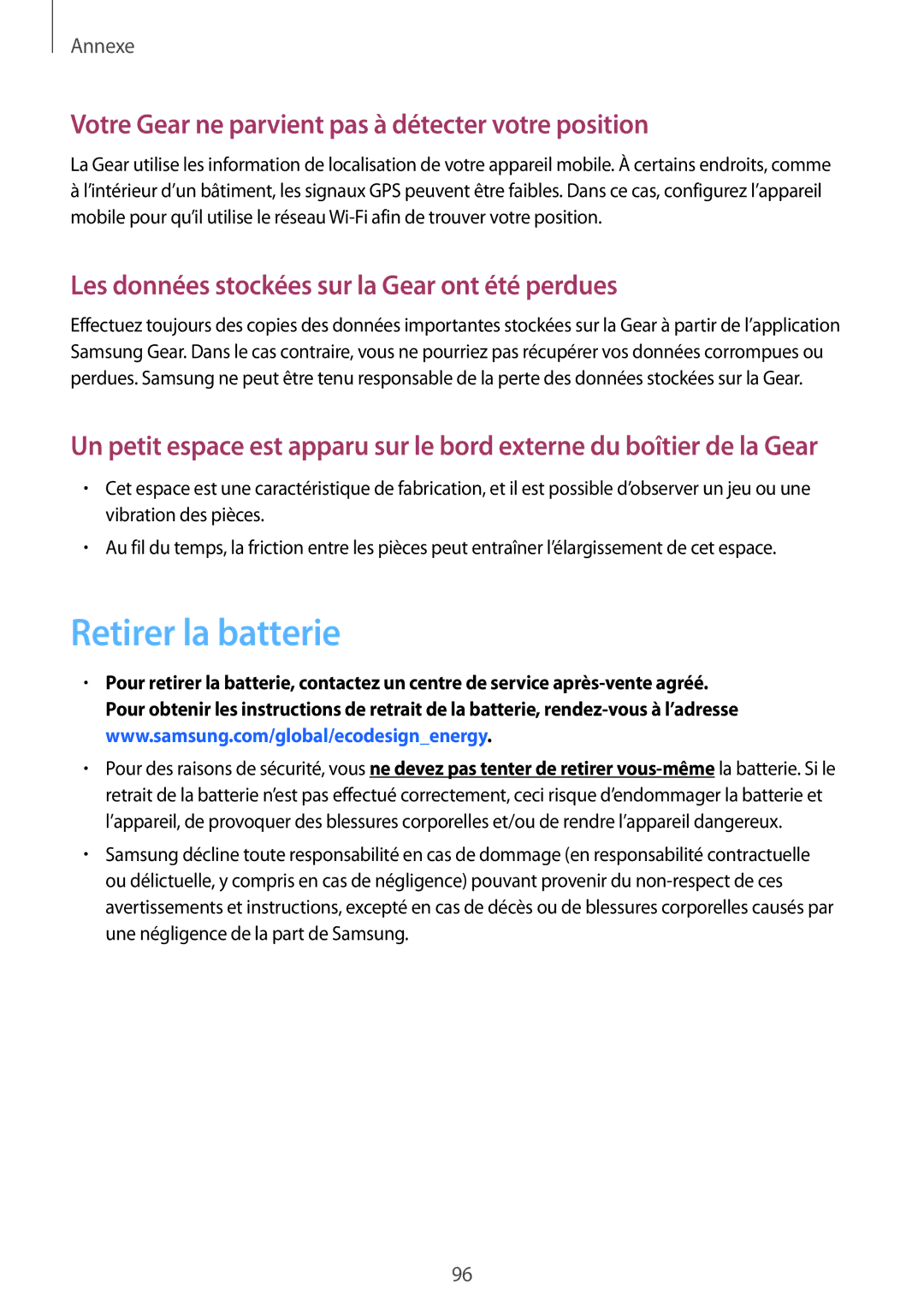 Samsung SM-R770NZSAXEF, SM-R760NDAAXEF manual Retirer la batterie, Votre Gear ne parvient pas à détecter votre position 