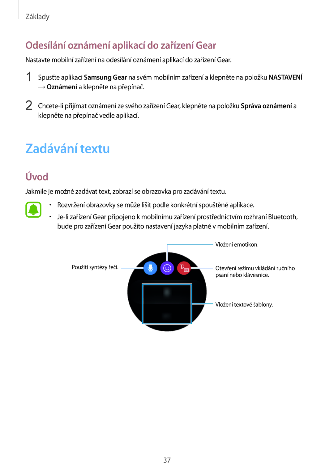 Samsung SM-R760NDAAXEZ, SM-R770NZSAXEZ manual Zadávání textu, Odesílání oznámení aplikací do zařízení Gear, Úvod 