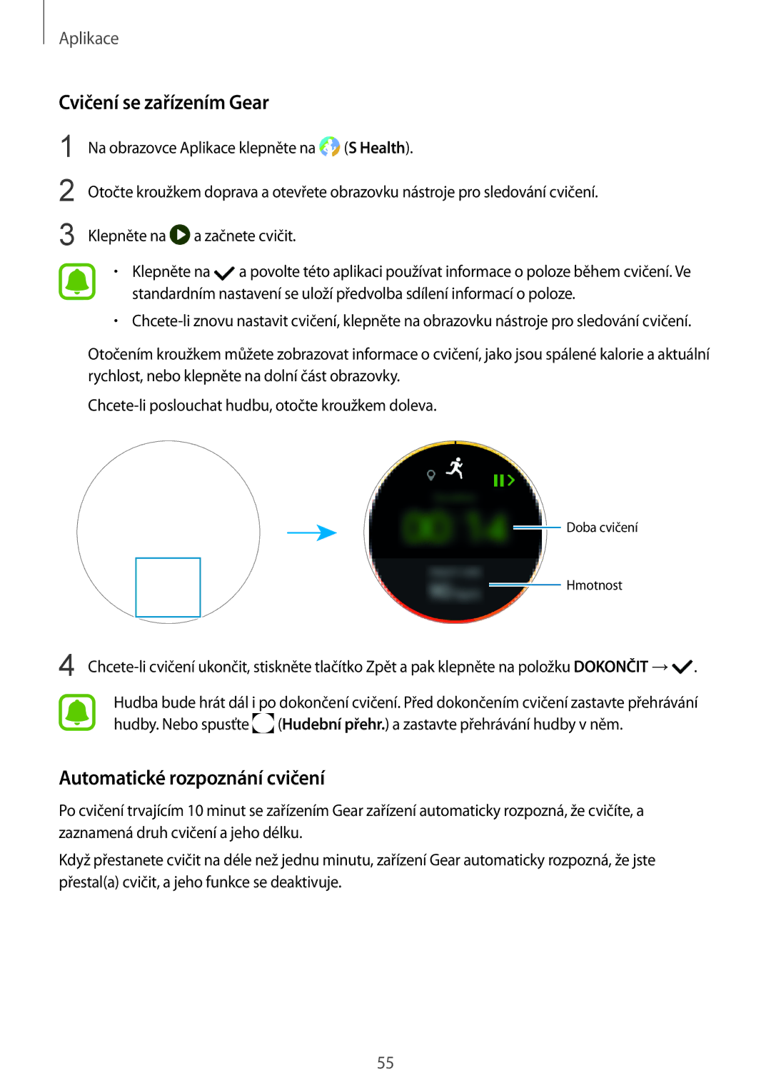 Samsung SM-R760NDAAXEZ, SM-R770NZSAXEZ manual Cvičení se zařízením Gear, Automatické rozpoznání cvičení 