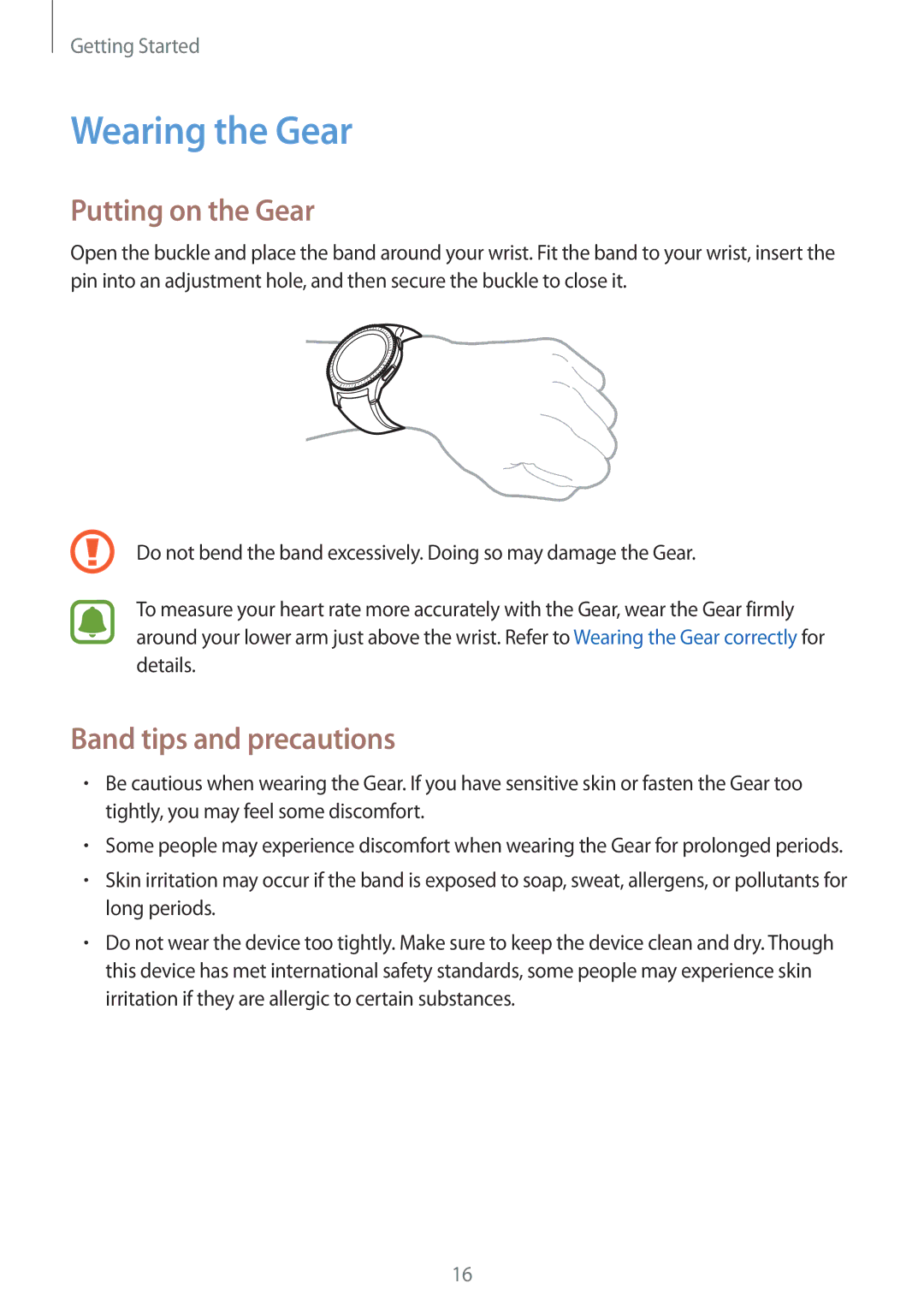 Samsung SM-R770NZSAXJP, SM-R770NZSAKSA, SM-R770NZSAXXV Wearing the Gear, Putting on the Gear, Band tips and precautions 