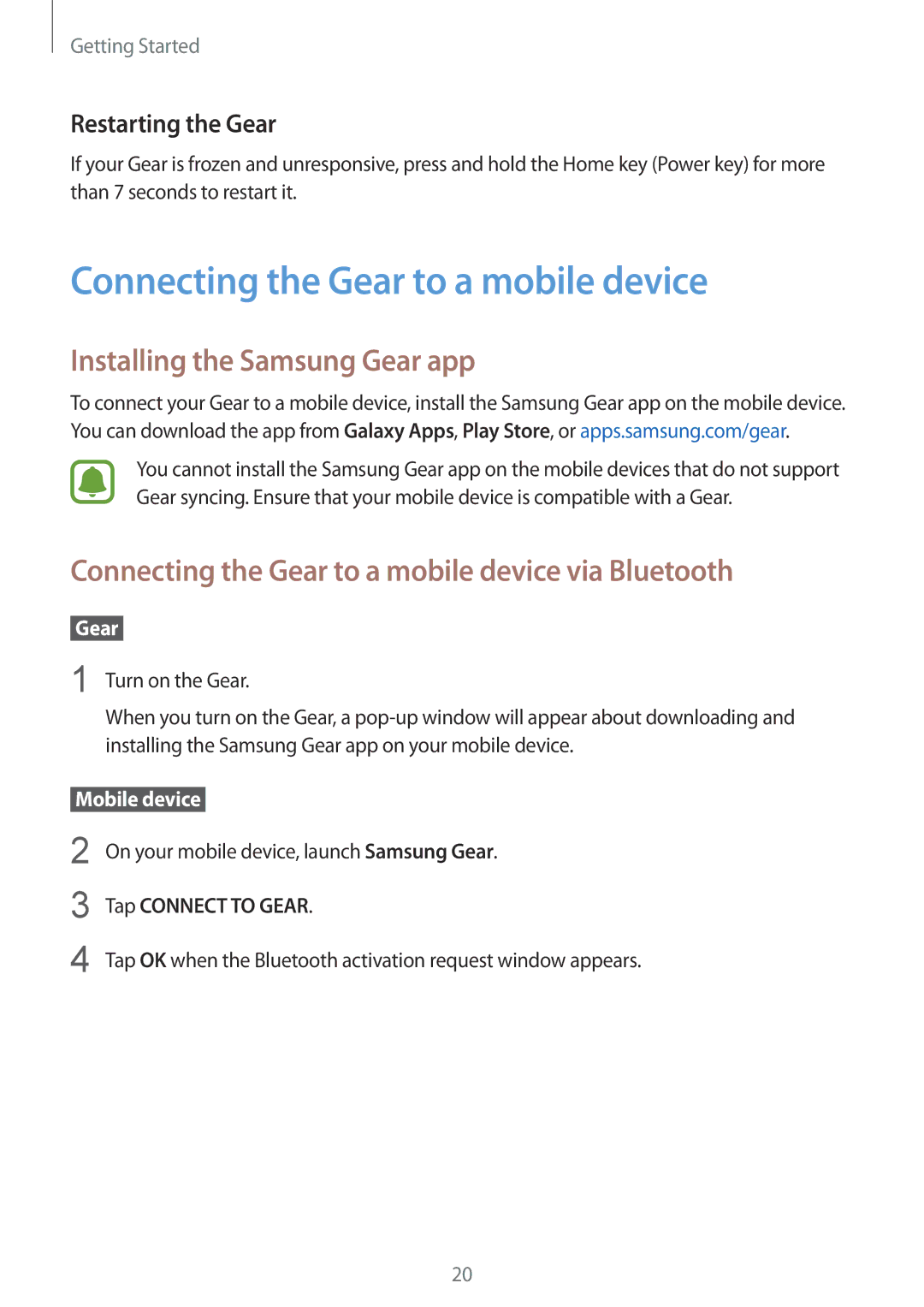 Samsung SM-R770NZSAXJP manual Connecting the Gear to a mobile device, Installing the Samsung Gear app, Restarting the Gear 