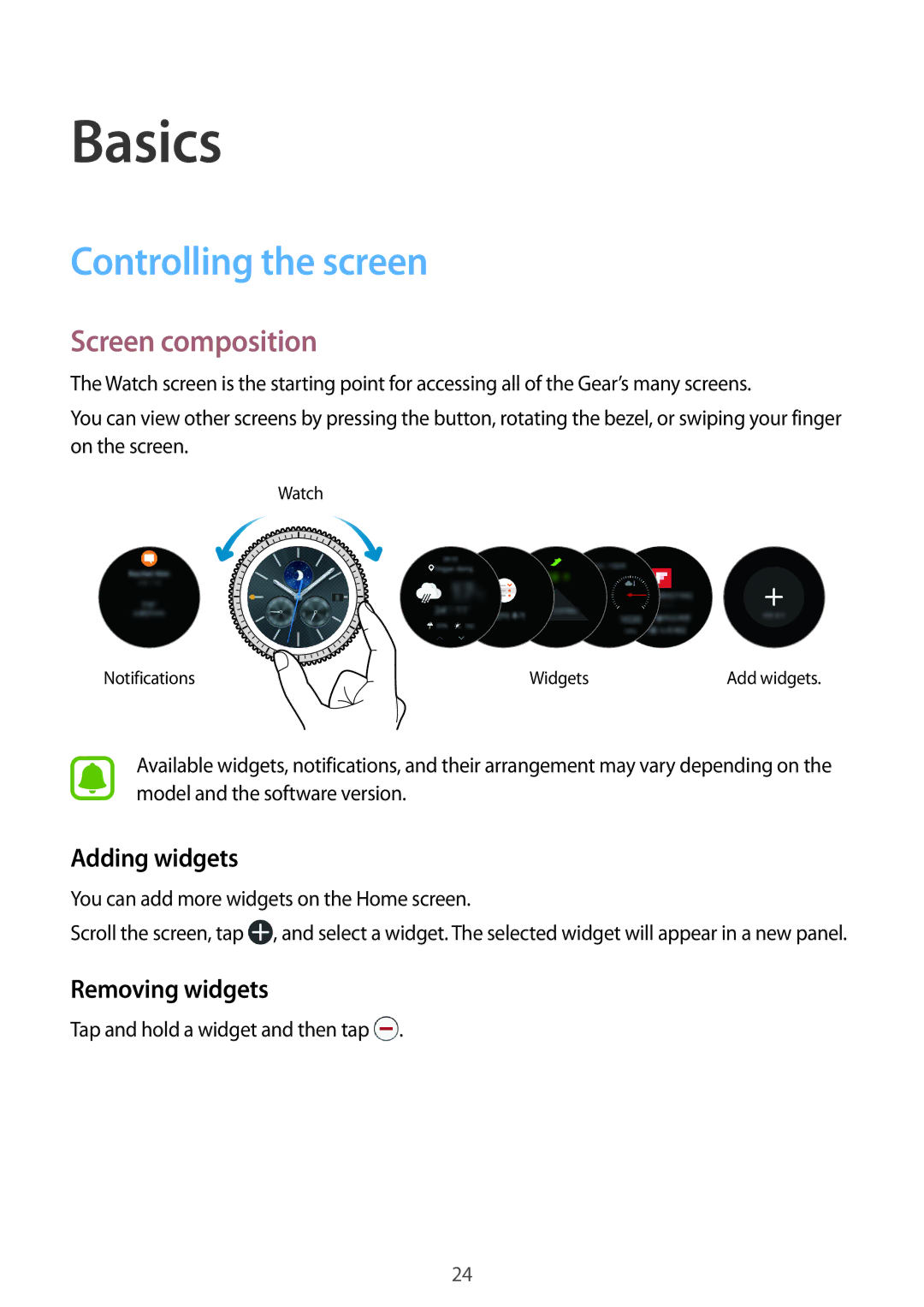 Samsung SM-R770NZSAXJP, SM-R770NZSAKSA manual Controlling the screen, Screen composition, Adding widgets, Removing widgets 