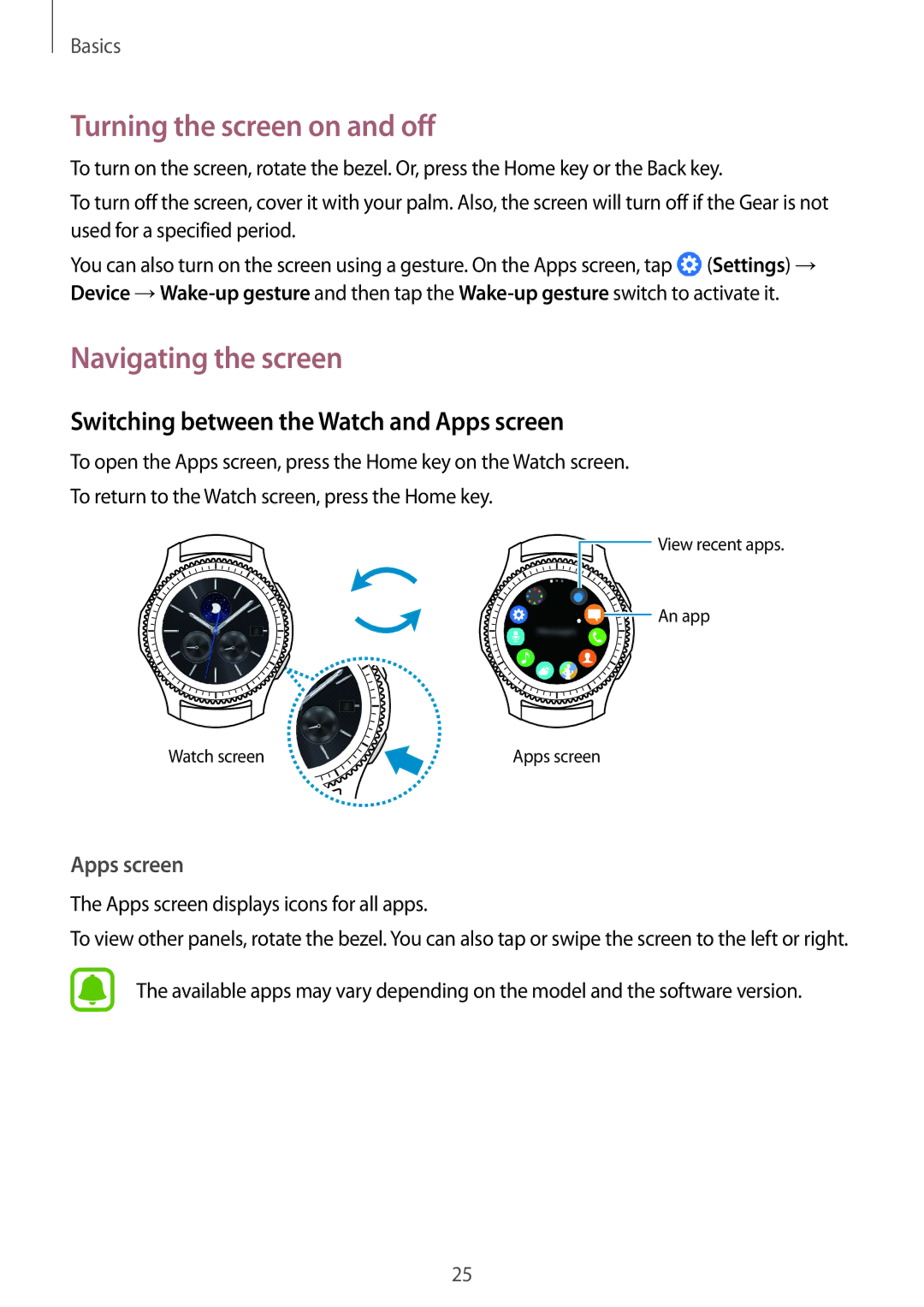 Samsung SM-R770NZSAKSA Turning the screen on and off, Navigating the screen, Switching between the Watch and Apps screen 