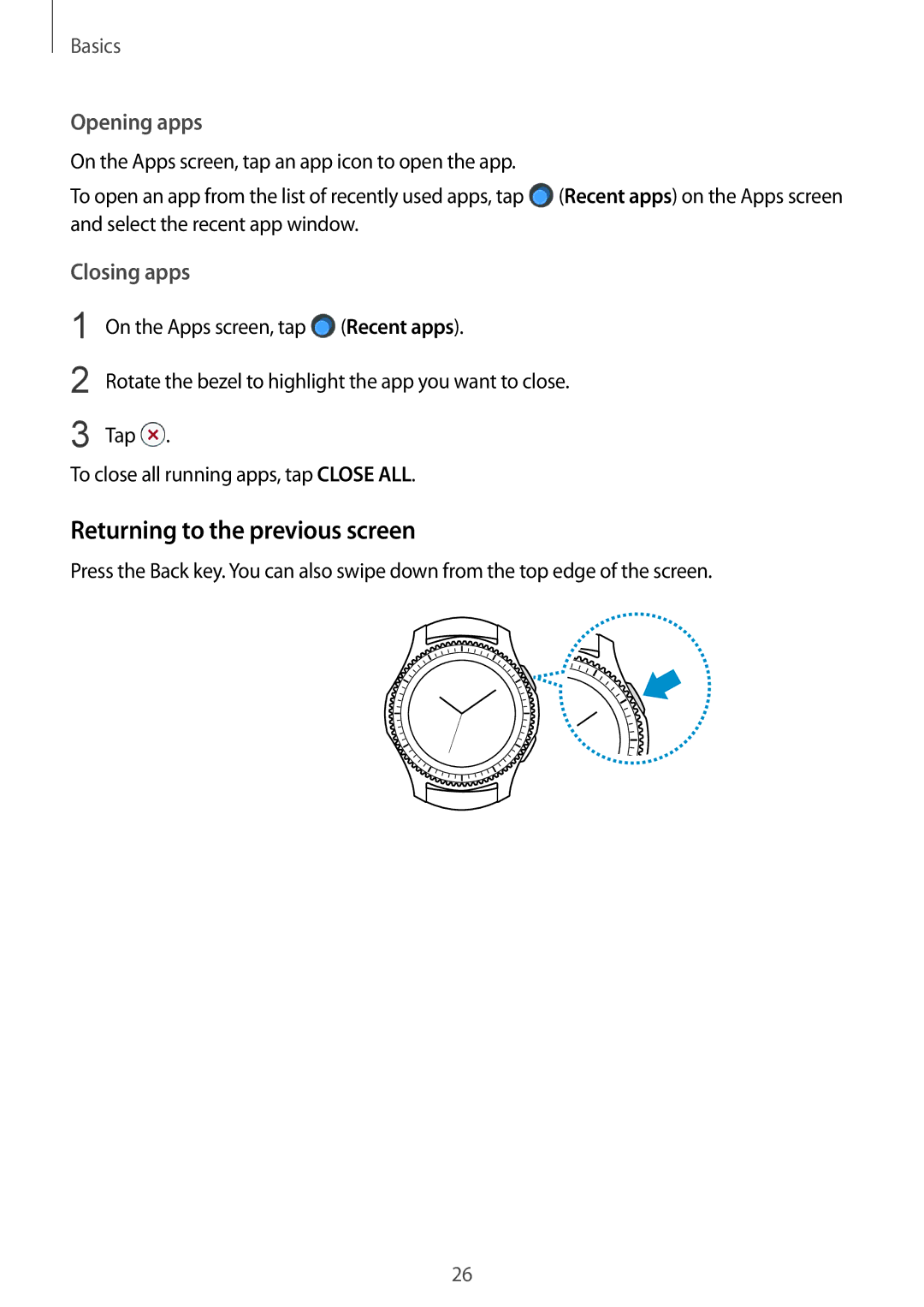 Samsung SM-R770NZSAXXV, SM-R770NZSAXJP, SM-R770NZSAKSA, SM-R770NZSAILO manual Returning to the previous screen, Opening apps 