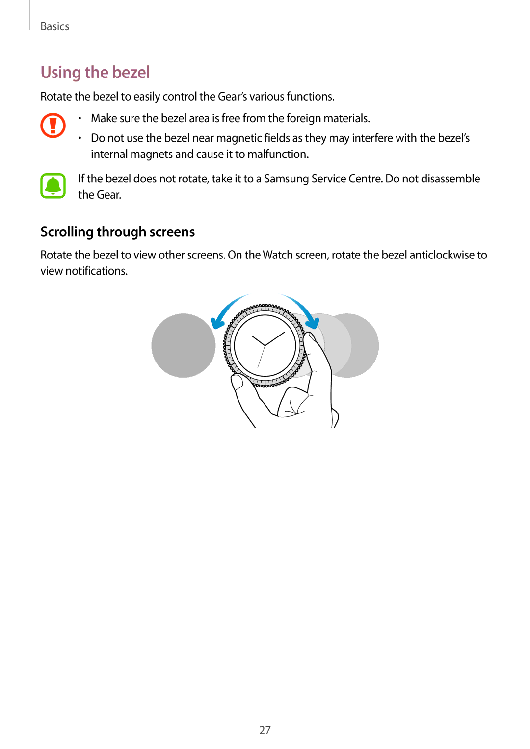 Samsung SM-R770NZSAILO, SM-R770NZSAXJP, SM-R770NZSAKSA, SM-R770NZSAXXV manual Using the bezel, Scrolling through screens 